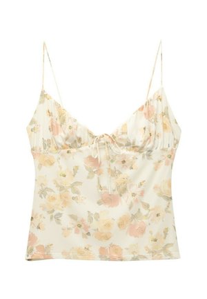 Floral camisole in light cream with soft pink and green flowers. Features adjustable spaghetti straps and a gathered neckline with tie detail.