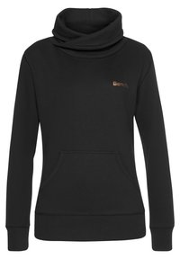 Sweat-shirt à capuche noir en tissu doux, avec un col cheminée, une poche kangourou et un petit logo en bronze sur la poitrine.