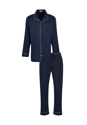 Pigiama di colore blu navy realizzato in tessuto morbido, con una camicia con bottoni rifinita in piping bianco, maniche lunghe e pantaloni abbinati con vita elastica.