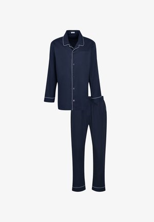 Pigiama di colore blu navy realizzato in tessuto morbido, con una camicia con bottoni rifinita in piping bianco, maniche lunghe e pantaloni abbinati con vita elastica.