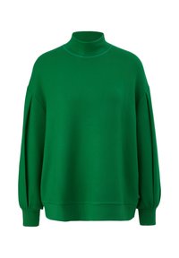 Sweat-shirt vert à manches longues avec col montant, doté d'une coupe ample, de poignets côtelés et d'une texture douce. Aucun motif ni élément métallique visible.