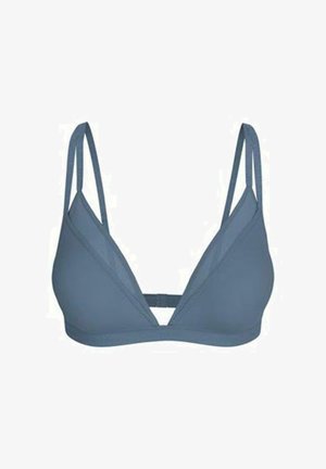 Niebieski biustonosz typu bralette w kształcie trójkąta z podwójnymi cienkimi ramiączkami i małym poziomym paskiem łączącym miseczki na środku z przodu.
