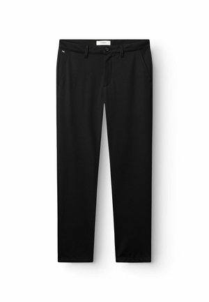 Black trousers made of smooth fabric, featuring a standard waistband, front pockets, and a zipper with a button closure.