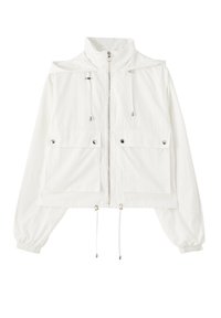 White cropped jacket with a high collar, zip closure, two front pockets, drawstrings at the hem, and elastic cuffs. Lightweight fabric.