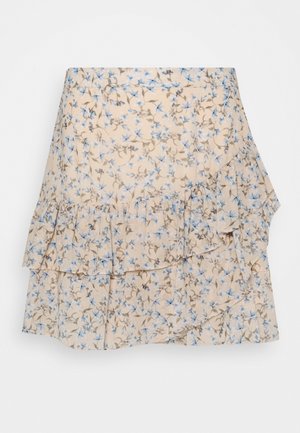 Gonna floreale crema con fiori blu e marroni, caratterizzata da volant a strati e forma svasata. Realizzata in tessuto leggero.