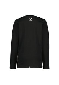 Zwarte lange mouw shirt van katoen, met een ronde halslijn, een klein logo op de achterkant, en een rechte onderkant met een label aan de onderlinkerkant.