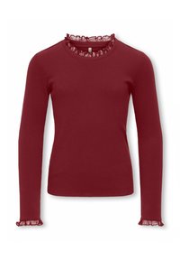 Langermet, ribbestrikket topp i dyp rød med rund hals med gjennomsiktig volangkant og rysjekanter. Mykt teksturert stoff.