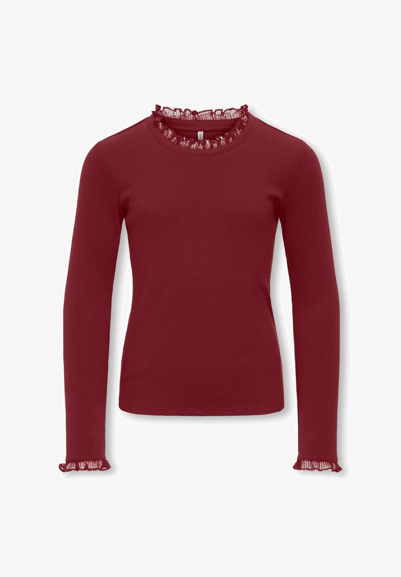Czerwona bluzka z długim rękawem, prążkowana, z okrągłym dekoltem ozdobionym przezroczystą falbanką i mankietami z falbanką. Miękka, teksturowana tkanina.