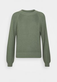 Pull vert tricoté avec col rond, poignets et ceinture côtelés. Présente un motif texturé et une coupe décontractée.