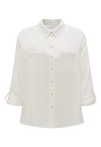 Chemise blanche boutonnée en tissu lisse, dotée d'un col, de deux poches poitrine et de manches retroussées avec pattes boutonnées.