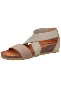 Beige sandal med design av mocka och tyg med korskonstruktion, korkklack, texturerad sula och öppen tå.
