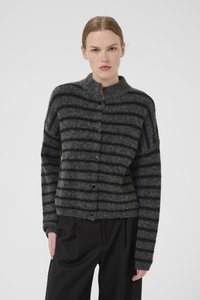Black and gray striped cardigan, fuzzy texture, high collar, button closure, relaxed fit, long sleeves, made from soft wool blend material.