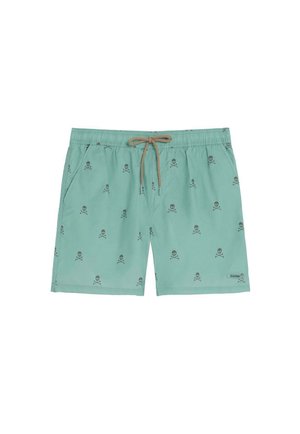 Bañador corto de color verde azulado claro con estampado negro de calaveras y huesos cruzados, cordón beige y bolsillos laterales.