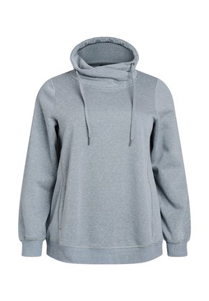 Šedá mikina s vysokým límcem a stahovací šňůrkou, dlouhými rukávy a bočními kapsami, vyrobená z měkké, strukturované tkaniny.