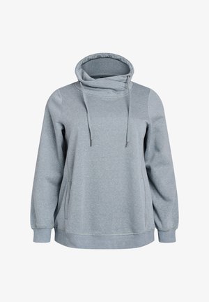 Pelēks džemperis ar augstu apkakli un auklu, ar garām piedurknēm un sānu kabatām, izgatavots no mīkstas, teksturētas auduma.