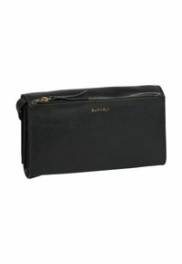Portafoglio in pelle nera con zip dorata e logo Burkely, forma rettangolare, profilo sottile e tracolla laterale.