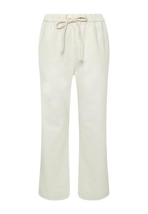 Gebroken witte casual broek met elastische tailleband en frontale trekkoord, rechte pijpen, zonder zichtbare zakken of patronen.
