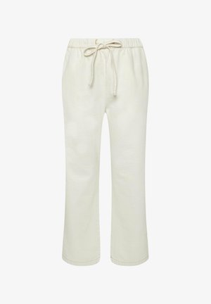 Pantalones casuales de color blanco roto con cintura elástica y cordón frontal, corte de pierna recta, sin bolsillos visibles ni estampados.