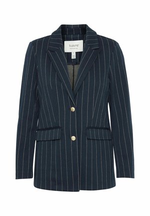 Marineblazer med hvite pinstriper, enkelt gullknapp-lukking, notched revers, to frontlommer, og myk teksturert stoff.