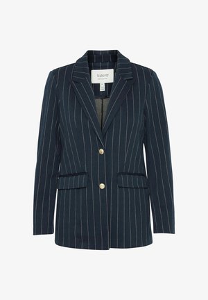 Marineblazer met wit streeppatroon, enkele sluiting met gouden knop, aangeknipte revers, twee voorzakken en zachte textuur.