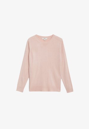 Lichtroze sweater van zacht, lichtgewicht materiaal. Heeft een ronde hals, lange mouwen en geribbelde manchetten en zoom. Eenvoudig ontwerp.