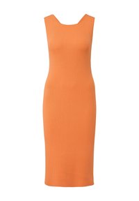 Orange geripptes Kleid mit einer taillierten Silhouette, ärmellosem Design und weitem Rundhalsausschnitt; glatte Textur, Midi-Länge, ohne Muster oder Akzente.