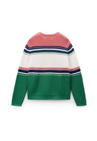 Gebreide trui met horizontale strepen in roze, wit, groen en marineblauw. Gestructureerd patroon met een ronde halslijn en geribde manchetten.