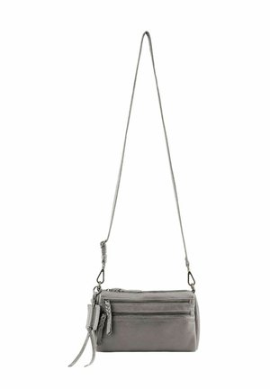 Small grey leather crossbody bag with two front zippered pockets and an adjustable slim strap.