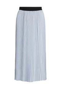 Jupe midi plissée en bleu clair avec une finition douce et texturée. Dotée d'une taille élastique noire et de plis verticaux sur toute sa longueur.
