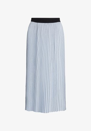 Gonna midi plissettata di colore blu chiaro con una finitura morbida e testurizzata. Presenta una vita elasticizzata nera e pieghe verticali su tutta la superficie.
