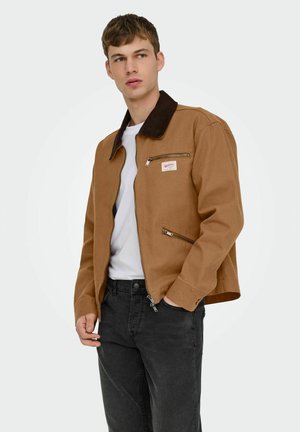 Mladi moški v rjavi jakni z zadrgo in temnim ovratnikom, bele srajce in črnih kavbojkah, pozira z eno roko v žepu.