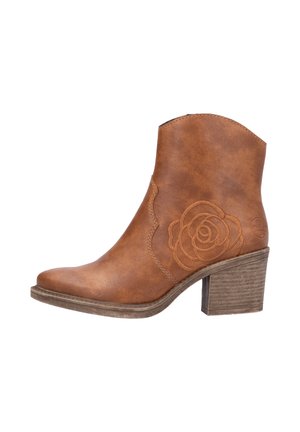 Brown leather ankle boot with a rose embossed design, featuring a curved top line and a stacked wooden heel. Smooth texture, tapered toe.
