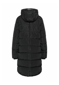 Schwarze Pufferjacke mit Kapuze, ausgestattet mit einem gesteppten Design, langen Ärmeln und einer Länge bis zur Mitte des Oberschenkels. Glattes, glänzendes Material ohne Verzierungen.