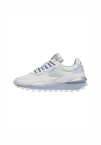 White and light blue athletic sneaker made of leather and mesh, featuring a padded tongue, contrasting accents, and a textured rubber sole.