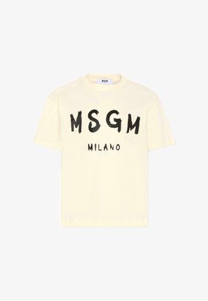 Crème katoenen T-shirt met zwart penseelstreek lettertype "MSGM MILANO" op de voorkant. Ronde hals, korte mouwen, relaxte fit.