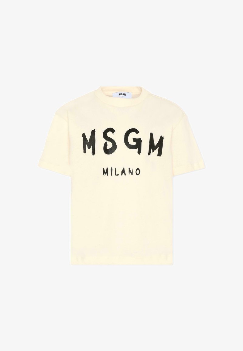 Kremowa bawełniana koszulka z krótkim rękawem z czarnym napisem "MSGM MILANO" na przodzie. Okrągły dekolt, luźny krój.