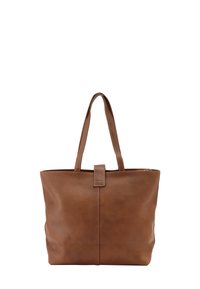 Brown leather tote bag with two shoulder straps, a structured shape, a central seam, and a magnetic closure. Smooth texture, minimalistic design.