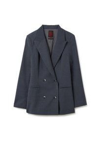 Blazer doppiopetto grigio scuro con ampi rever, quattro bottoni e due tasche frontali, steso su uno sfondo bianco.