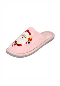 Zapatilla rosa esponjosa con forma redondeada, que presenta un diseño bordado de Santa, material suave y suela de goma gris.