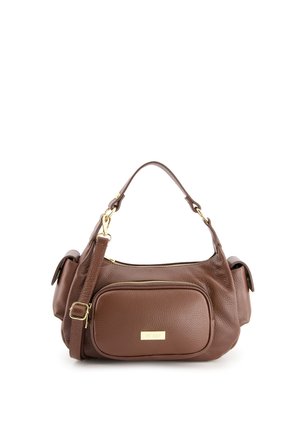 Braune Lederhandtasche mit einer weichen, strukturierten Oberfläche. Sie verfügt über einen Reißverschluss, goldfarbene Beschläge und einen abnehmbaren Tragegurt für Vielseitigkeit.