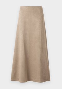 Jupe A-line en suède beige avec une texture lisse, taille haute et un ourlet qui s'évasent légèrement vers le bas.