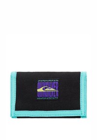 Zwart stoffen portemonnee met turquoise rand, voorzien van een paarse en gouden Quiksilver-logo patch op de voorkant. Rechthoekige vorm, gestructureerd materiaal.