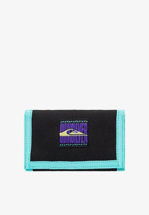Portefeuille en tissu noir avec des bordures turquoise, présentant un écusson logo Quiksilver violet et or sur le devant. Forme rectangulaire, matériau texturé.