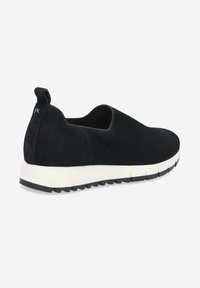 Black suede slip-on shoe featuring a white midsole and textured black rubber outsole. Rounded toe and pull tab at the heel.