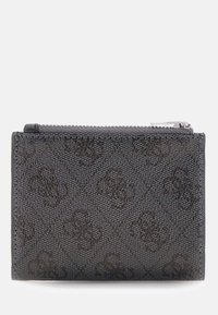 Portafoglio in tessuto nero con un sottile motivo in rilievo, chiusura con zip, forma rettangolare e texture liscia. Design minimalista senza accessori metallici.