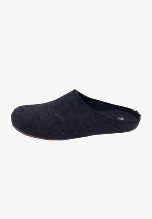 Dark gray felt slipper with a smooth texture, open back design, and rounded toe. Features a thin, brown rubber sole for grip.