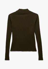 Dunkelgrüner, gerippter Strickpullover mit hohen Kragen und langen Ärmeln, flach von hinten gezeigt.