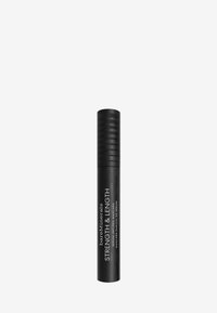 Tube de mascara noir avec un capuchon strié, arborant un texte blanc qui indique "bareMinerals STRENGTH & LENGTH SERUM INFUSED MASCARA."