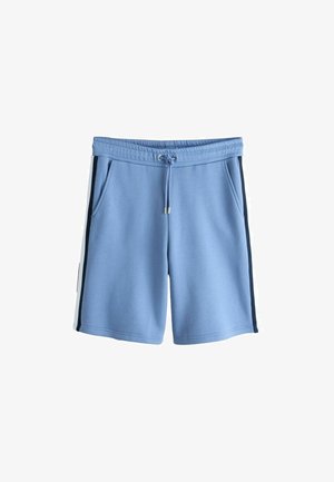 Pantaloni scurți casual bleu deschis cu dungi negre laterale, talie elastică și șnur, cu două buzunare frontale.