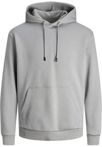 Light gray hoodie made from soft fabric. Features a front kangaroo pocket, adjustable drawstring hood, and ribbed cuffs. Simple design.